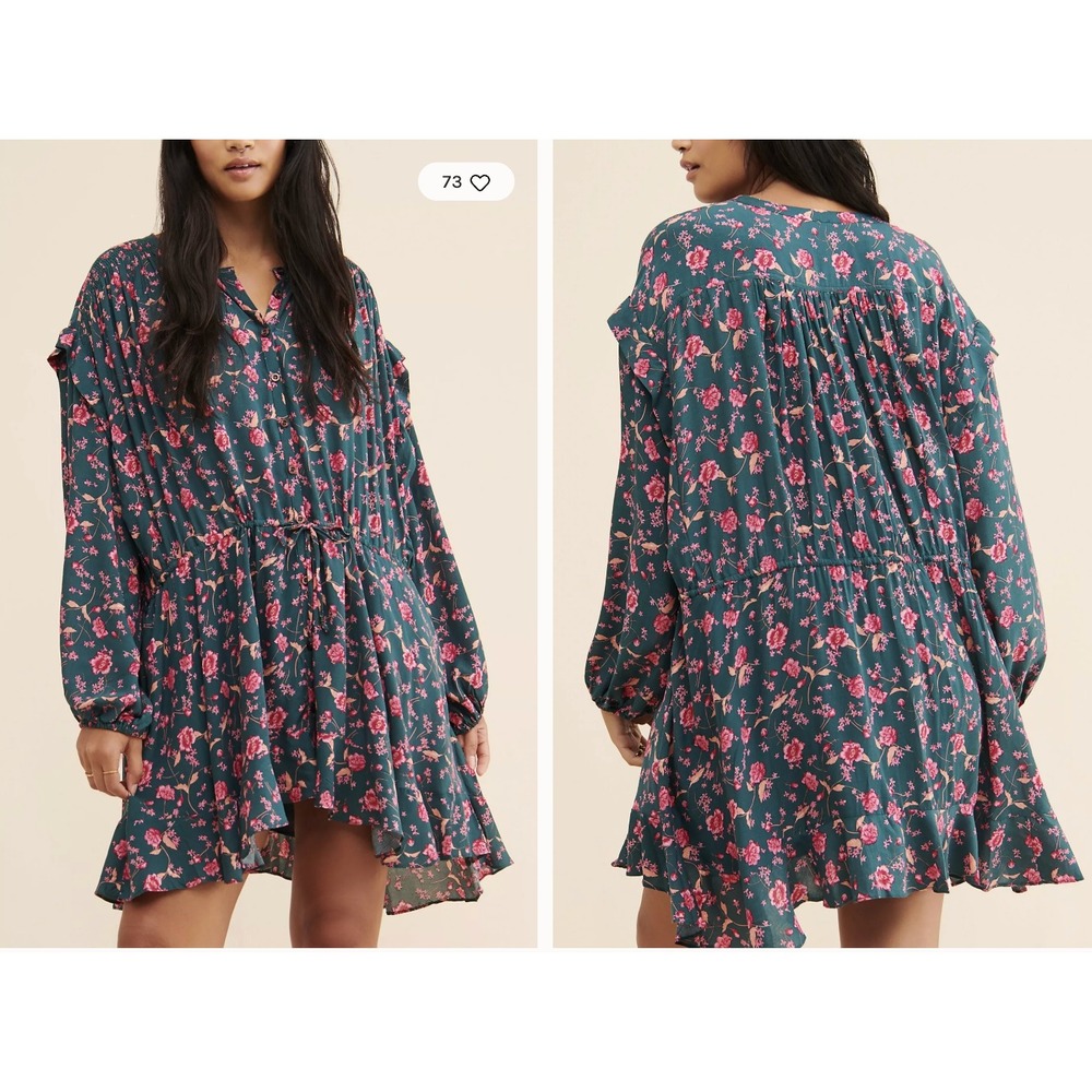 Free People Floral Mini Babydoll Dress Button Front Long Sleeve Green Pink M‎